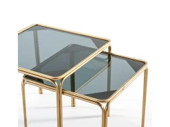 Mesa auxiliar cuadrada Diras de cristal ahumado y metal dorado - Juego de 2