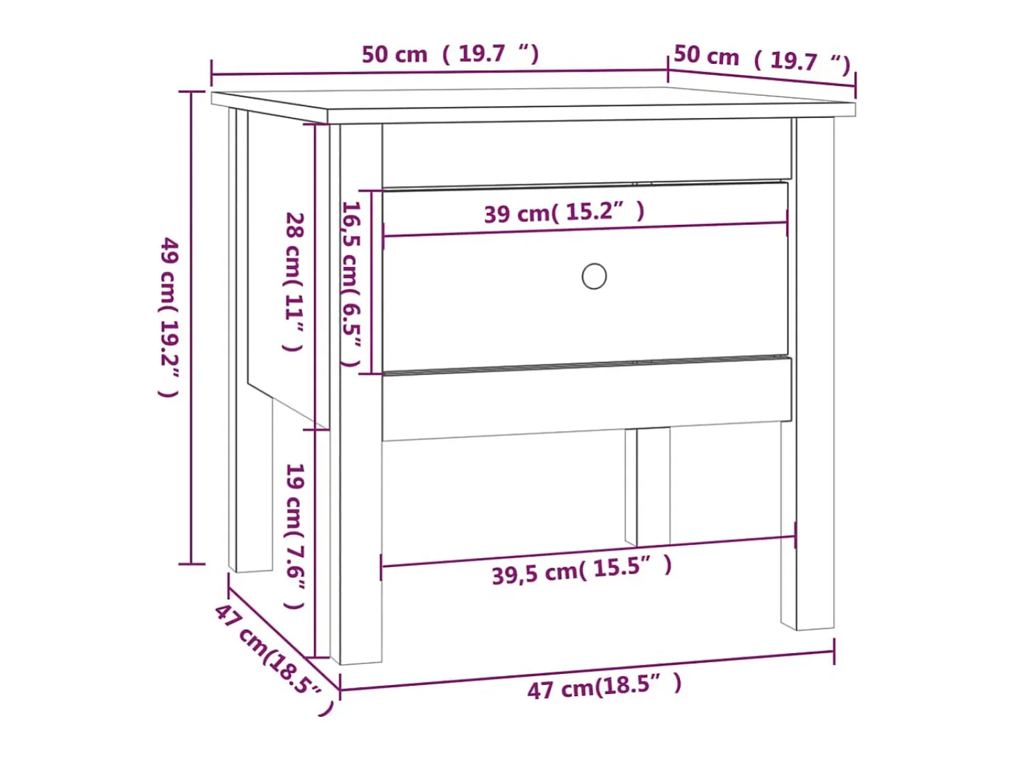 Mesa auxiliar de madera maciza de pino negro 50x50x49 cm