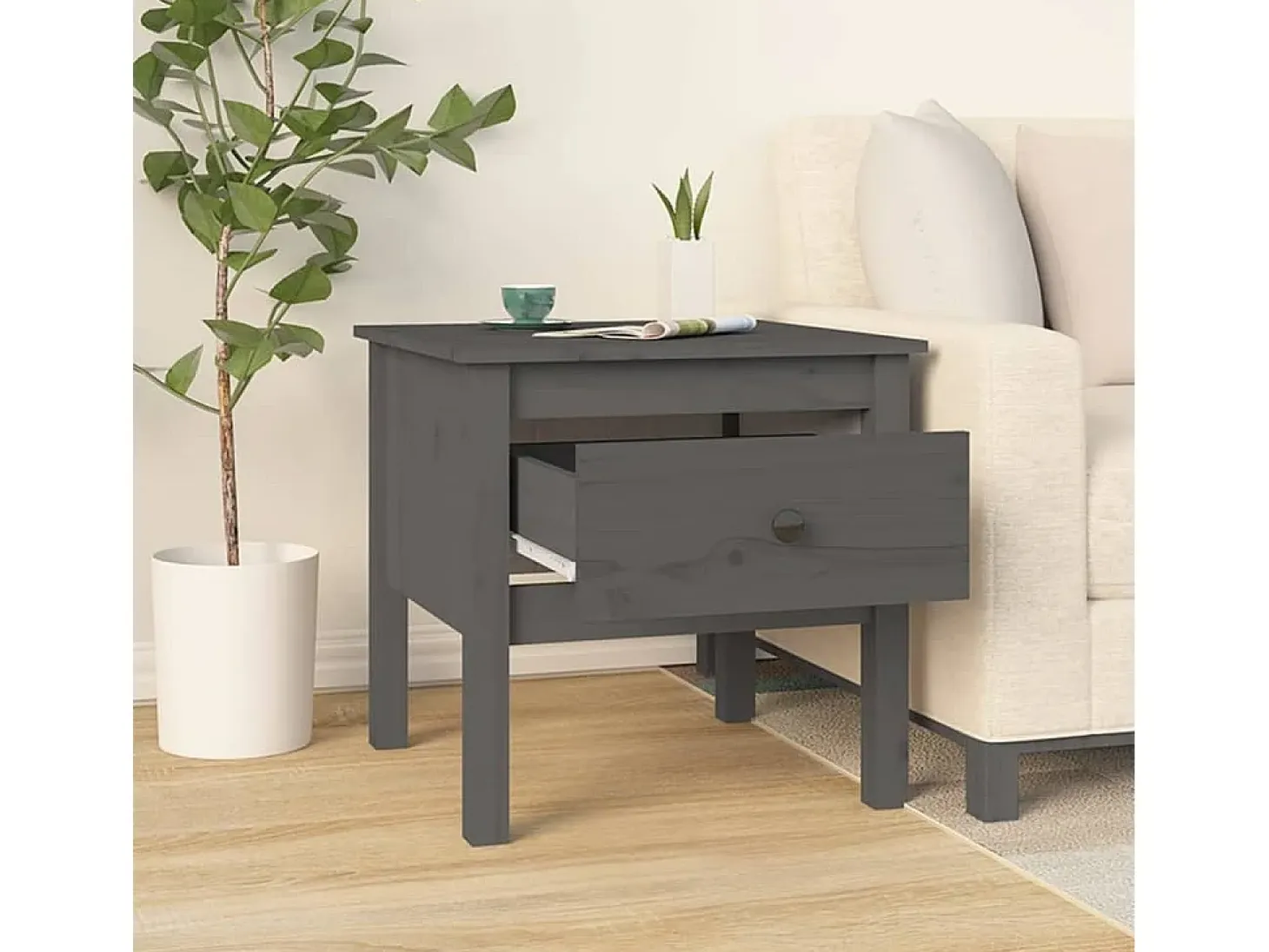 Mesa auxiliar de madera maciza de pino gris 50x50x49 cm