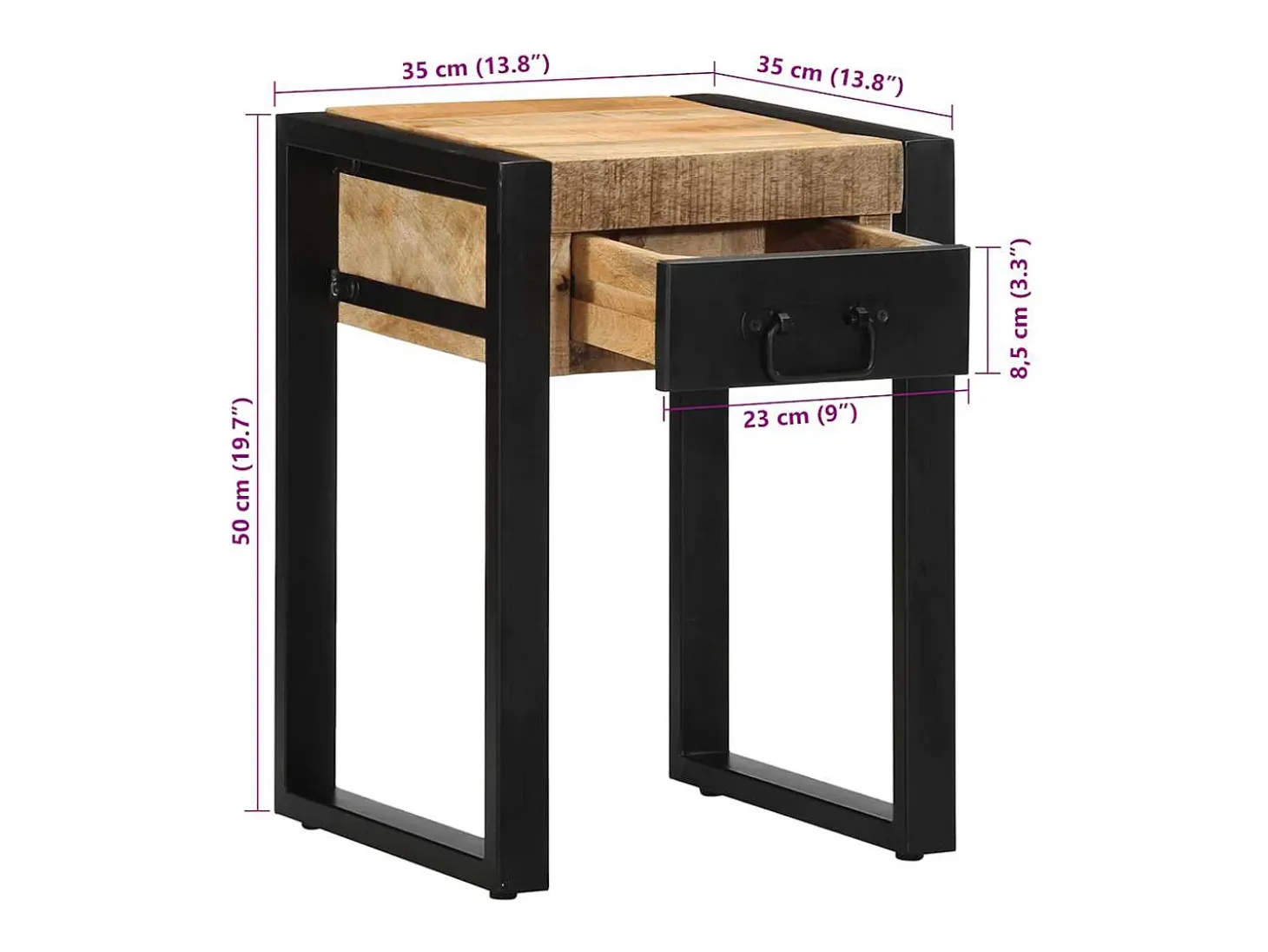 Mesa auxiliar madera maciza de mango rugosa 35x35x50 cm