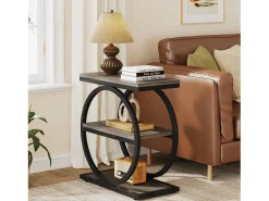 Mesa auxiliar, Mesa auxiliar estrecha con 3 estantes de almacenamiento, Mesa lateral gris con marcos de metal negro