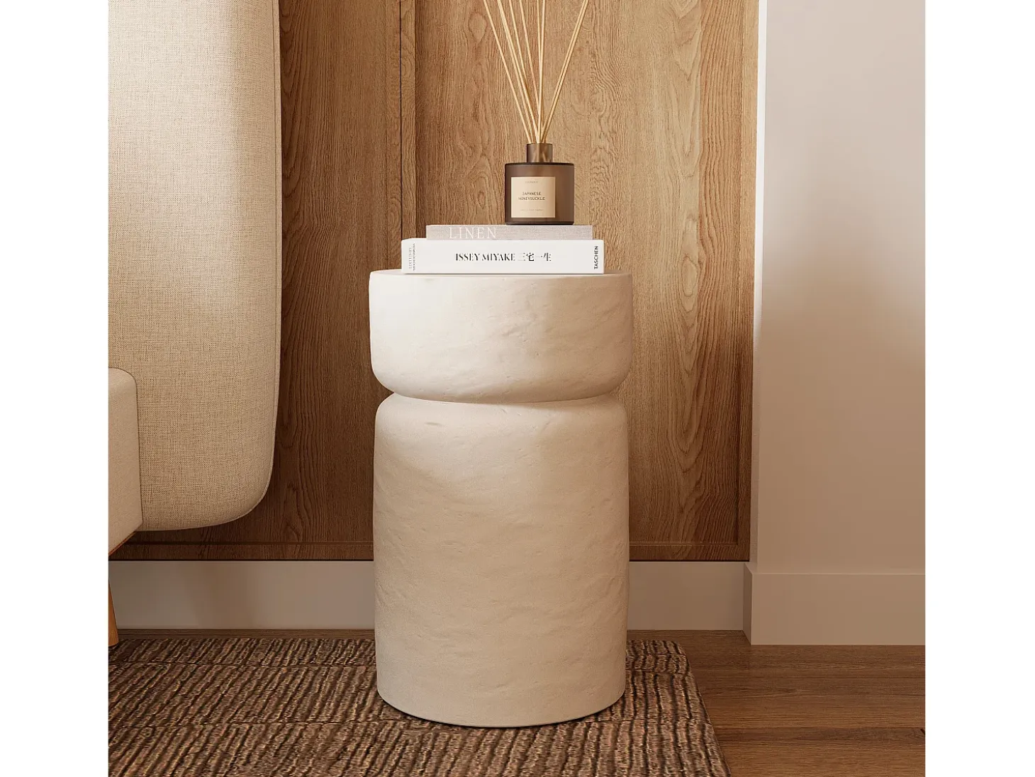 Mesa auxiliar redonda blanca de fibra de arcilla efecto cemento D30 cm - Tahiti