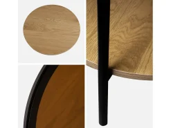 Mesa auxiliar redonda de cristal templado efecto madera y metal negro