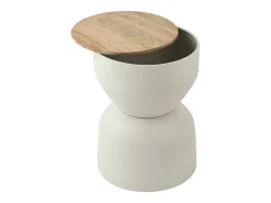 Mesa auxiliar redonda de diseño con almacenamiento en metal beige y madera maciza de mango Ø 30 cm YOYO