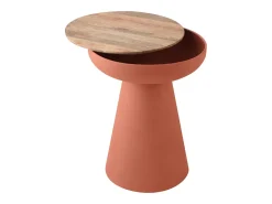 Mesa auxiliar redonda diseño con almacenamiento en metal tierra quemada y madera maciza de mango H52 cm TAM