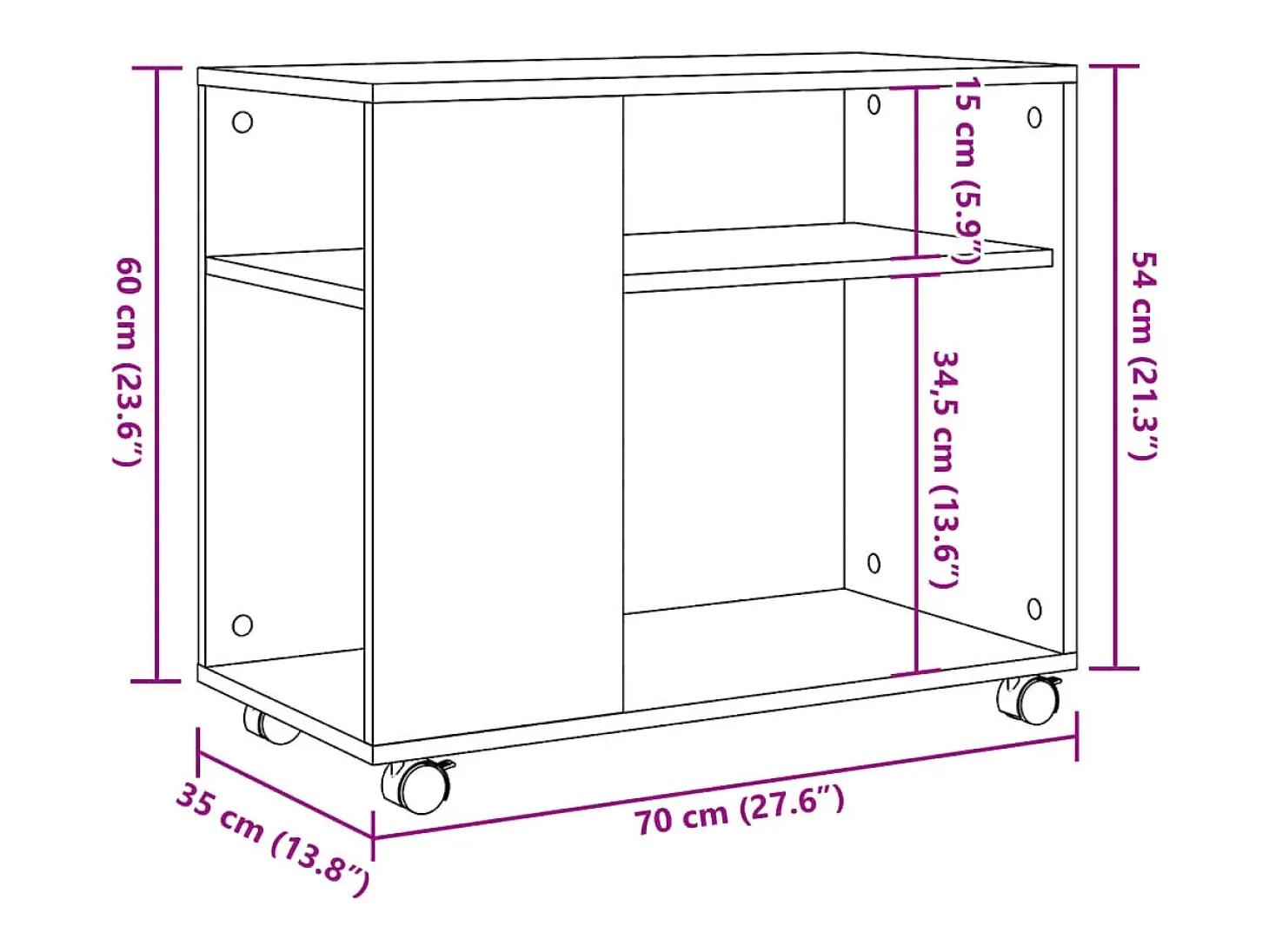 Mesa auxiliar rodante madera ingeniería envejecido 70x35x60 cm