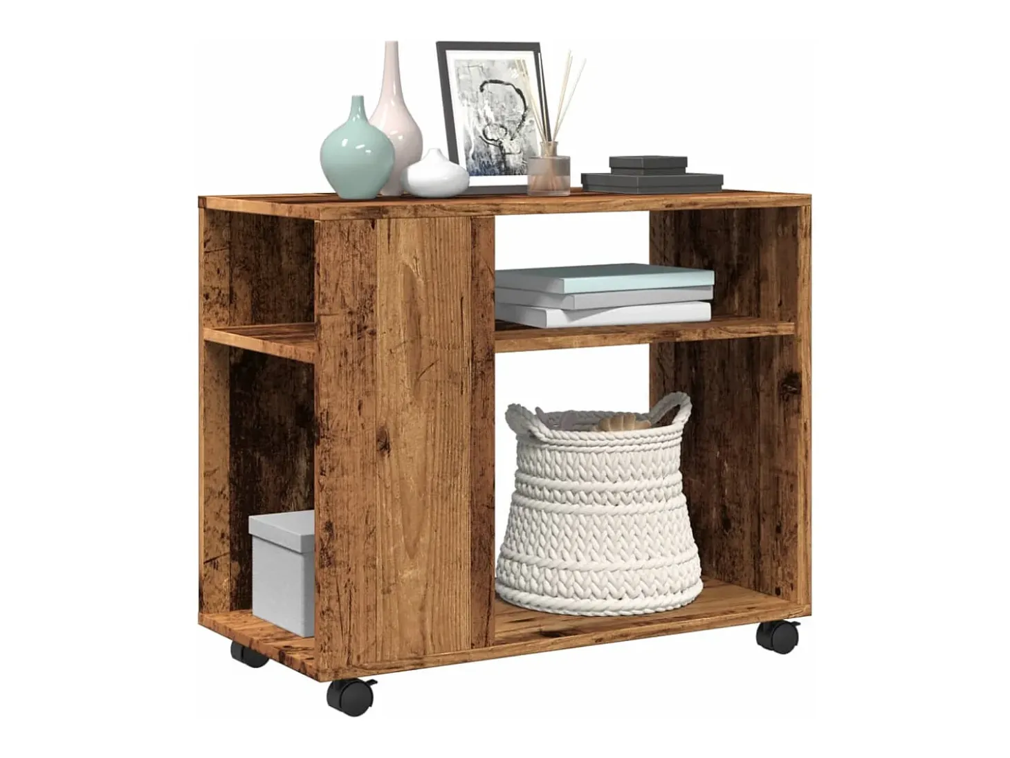 Mesa auxiliar rodante madera ingeniería envejecido 70x35x60 cm