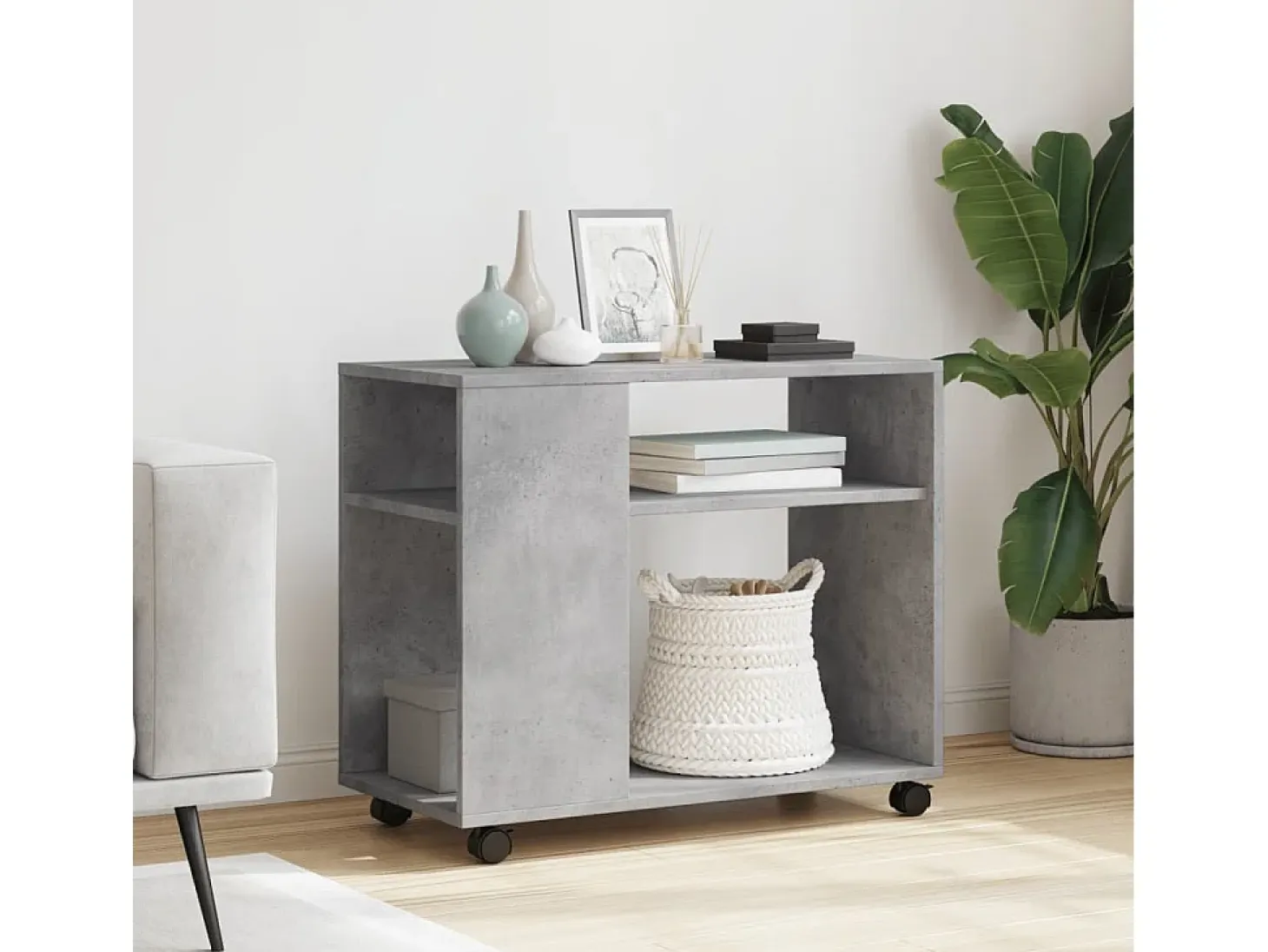 Mesa auxiliar ruedas madera ingeniería gris hormigón 70x35x60cm