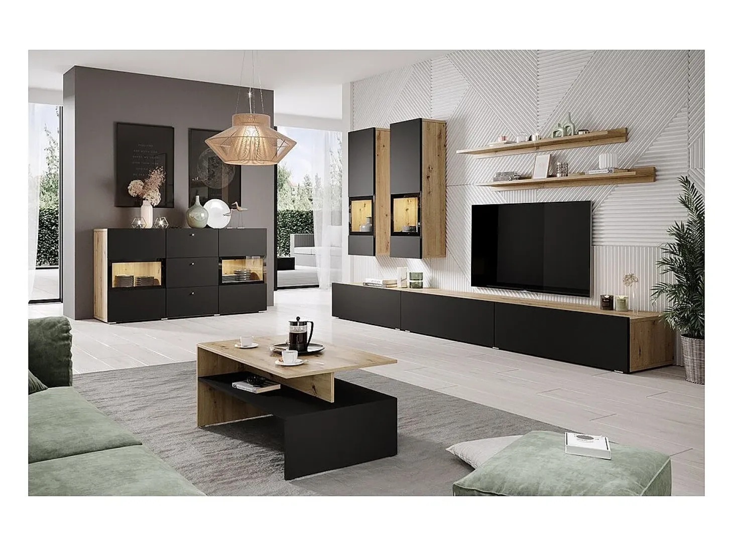 Mesa baja RAMOS – Diseño roble y negro super mate – Tablero con almacenamiento integrado – 100x60 cm
