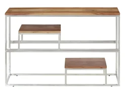 Mesa consola acero inoxidable plateado y madera maciza acacia