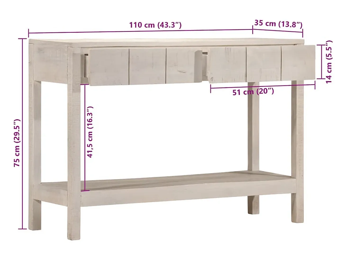 Mesa consola blanca 110x35x75 cm madera maciza de mango
