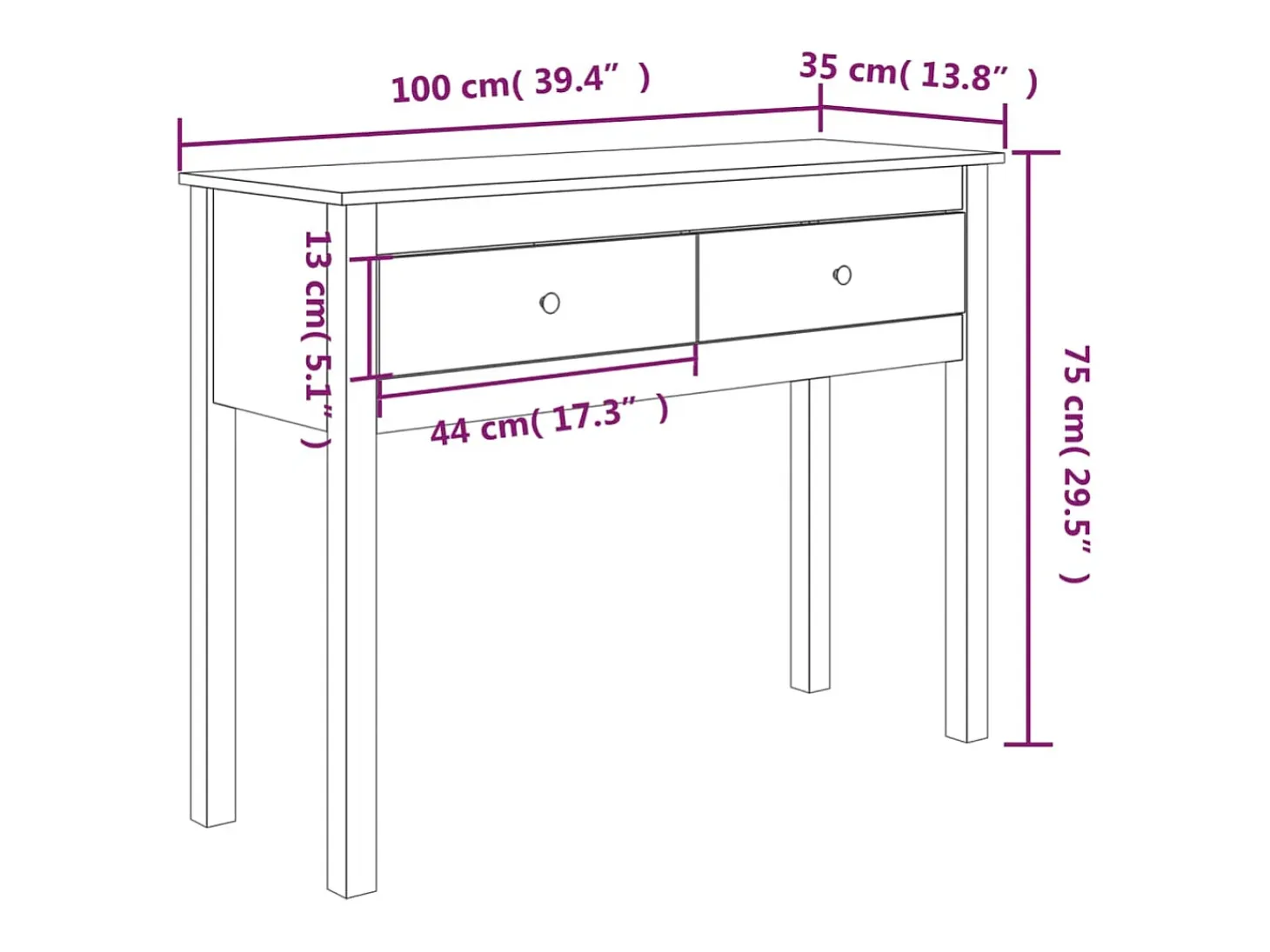 Mesa consola Blanca 100x35x75 cm Madera maciza de pino