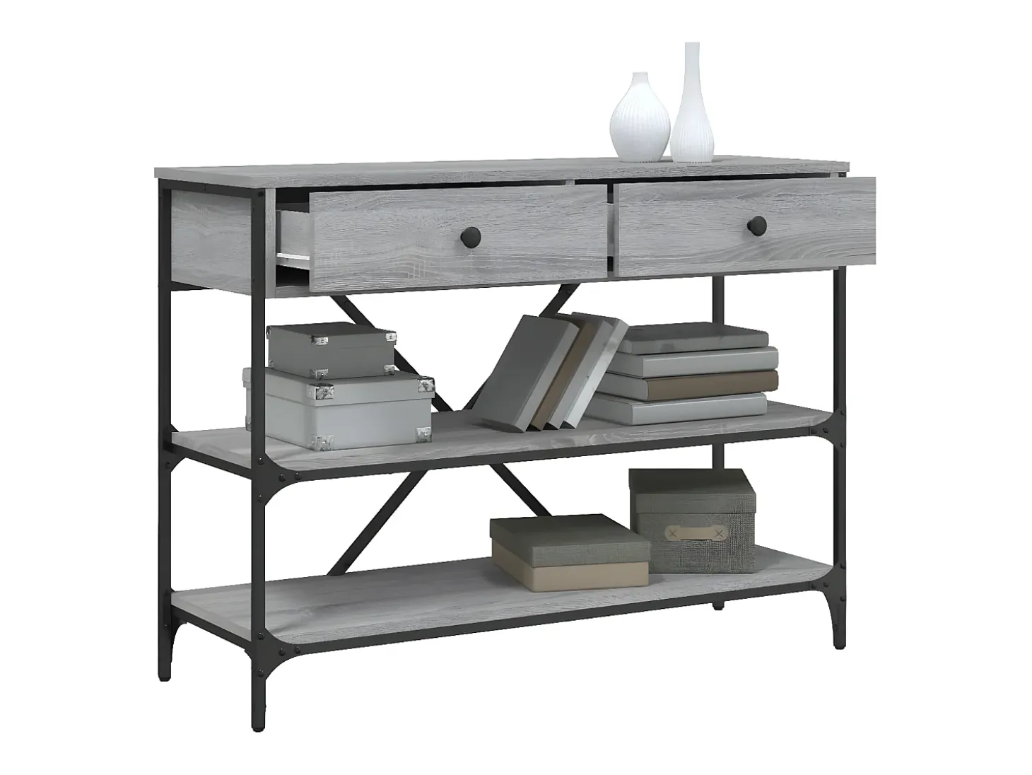 Mesa consola con cajones estantes madera ingeniería Sonoma gris