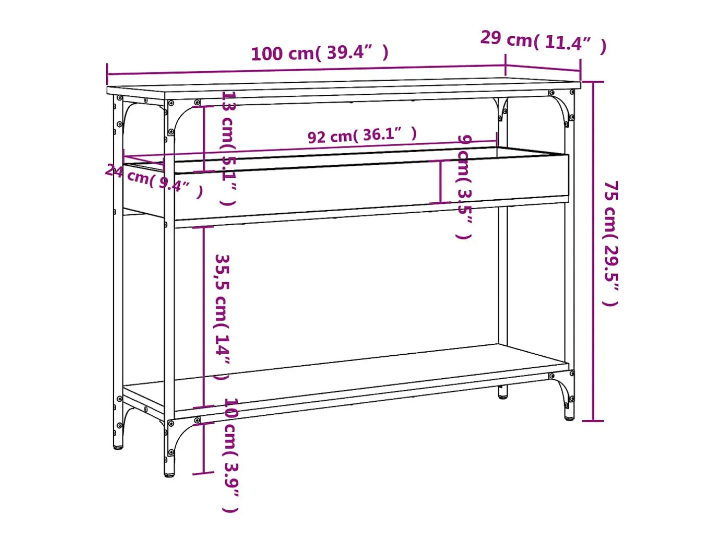 Mesa consola con estante Sonoma gris 100x29x75 cm