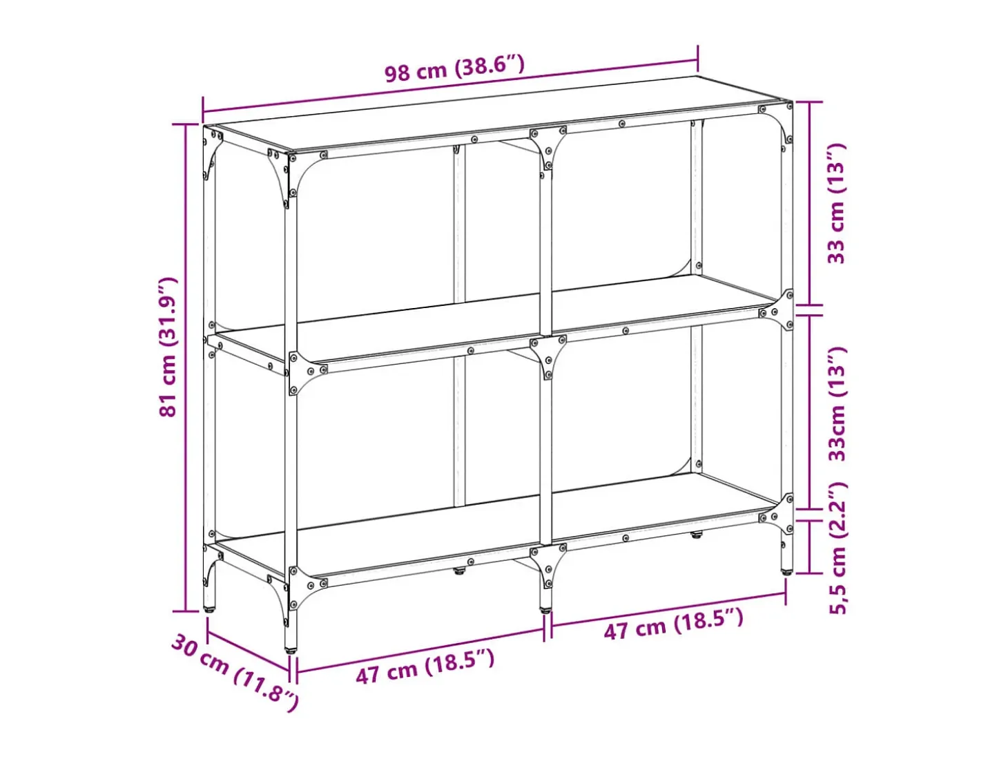 Mesa consola con superficie de vidrio negro acero 98x30x81 cm