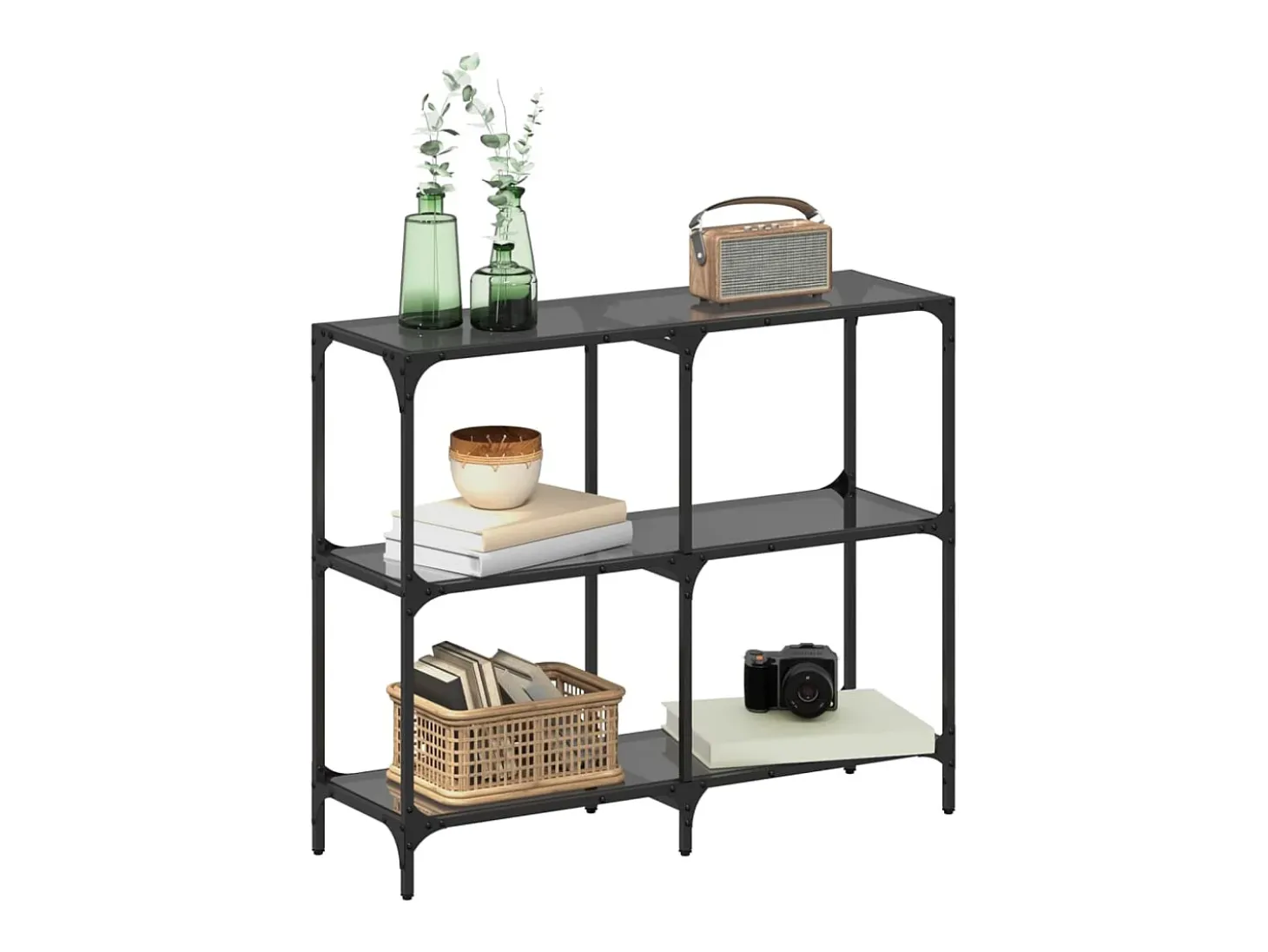 Mesa consola con superficie de vidrio negro acero 98x30x81 cm