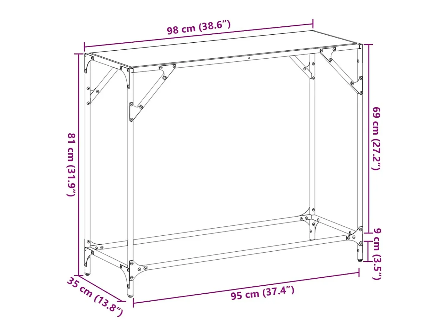 Mesa consola con superficie de vidrio negro acero 98x35x81 cm