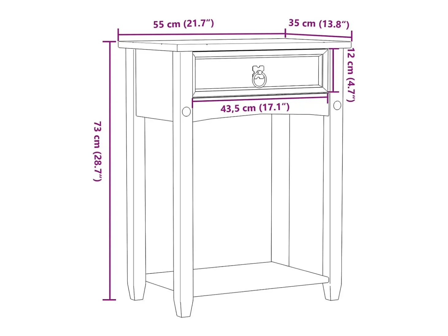Mesa consola Corona 55x35x73 cm madera maciza de pino