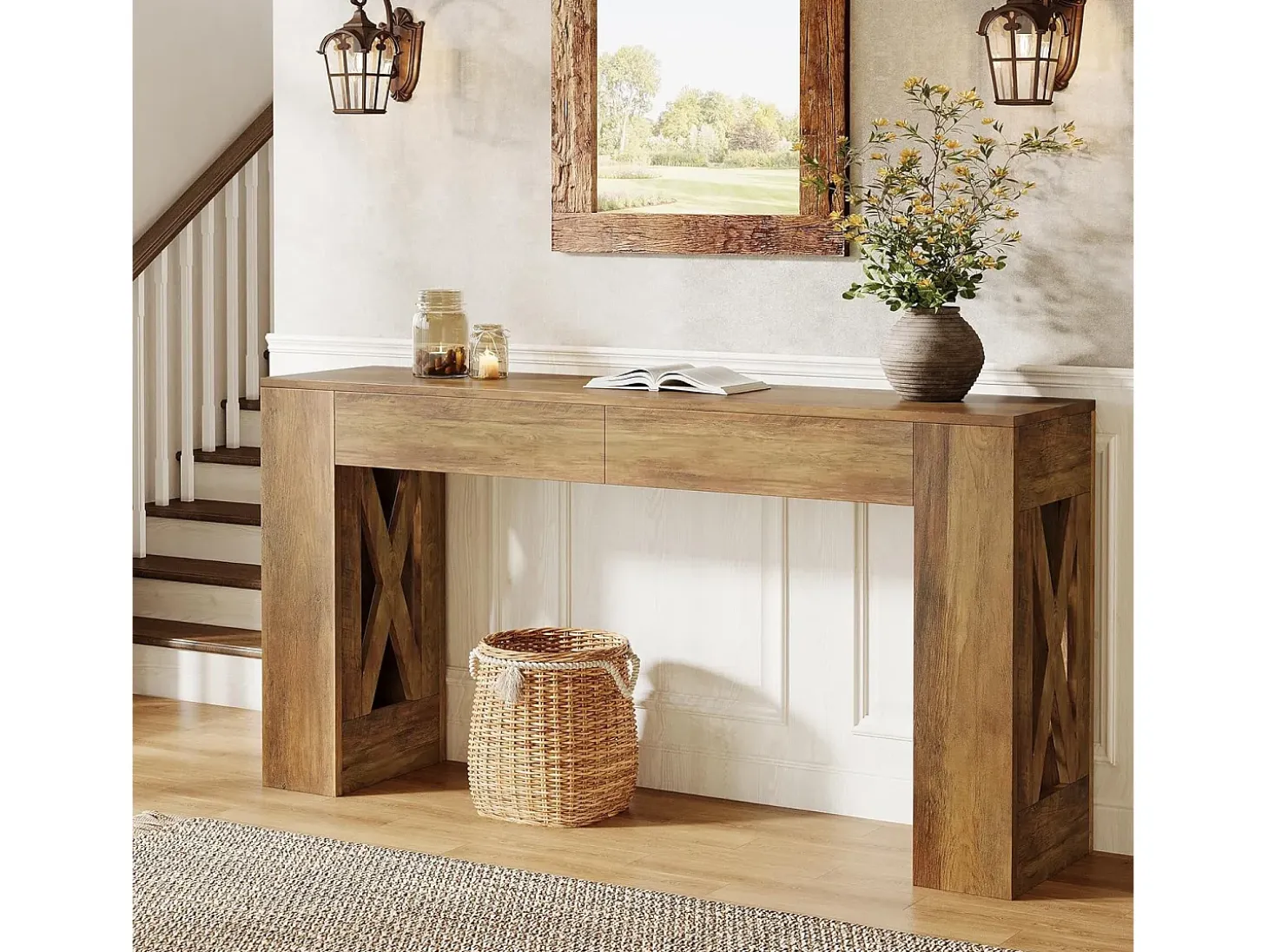 Mesa consola de 160 cm de largo, mesa de entrada estilo granja con 2 cajones y patas en forma de X