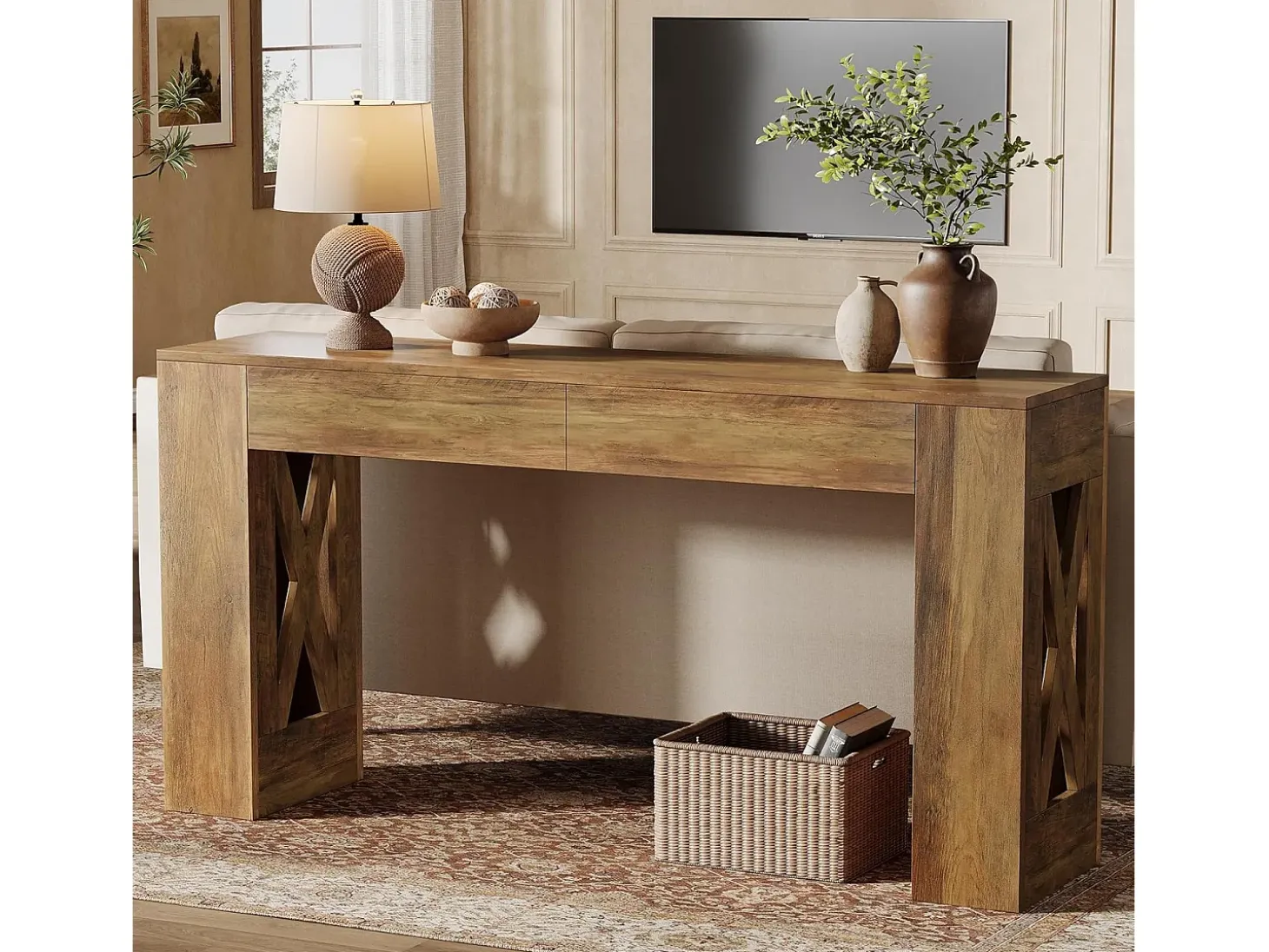 Mesa consola de 160 cm de largo, mesa de entrada estilo granja con 2 cajones y patas en forma de X