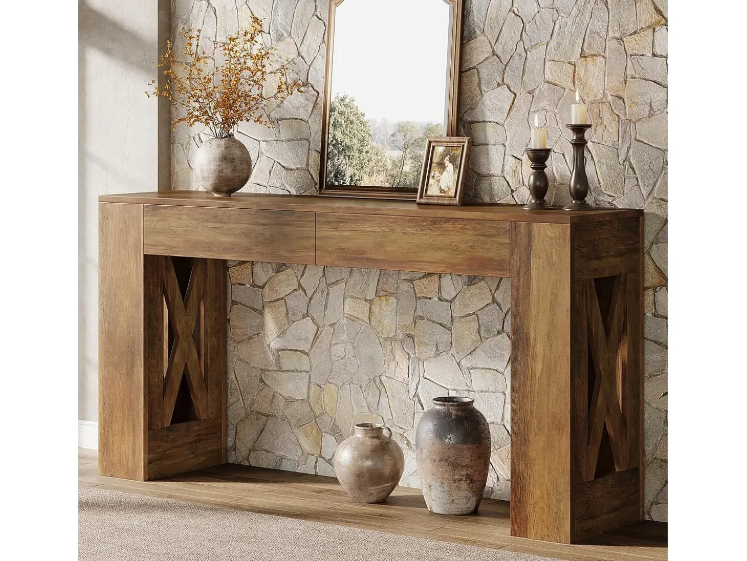 Mesa consola de 160 cm de largo, mesa de entrada estilo granja con 2 cajones y patas en forma de X