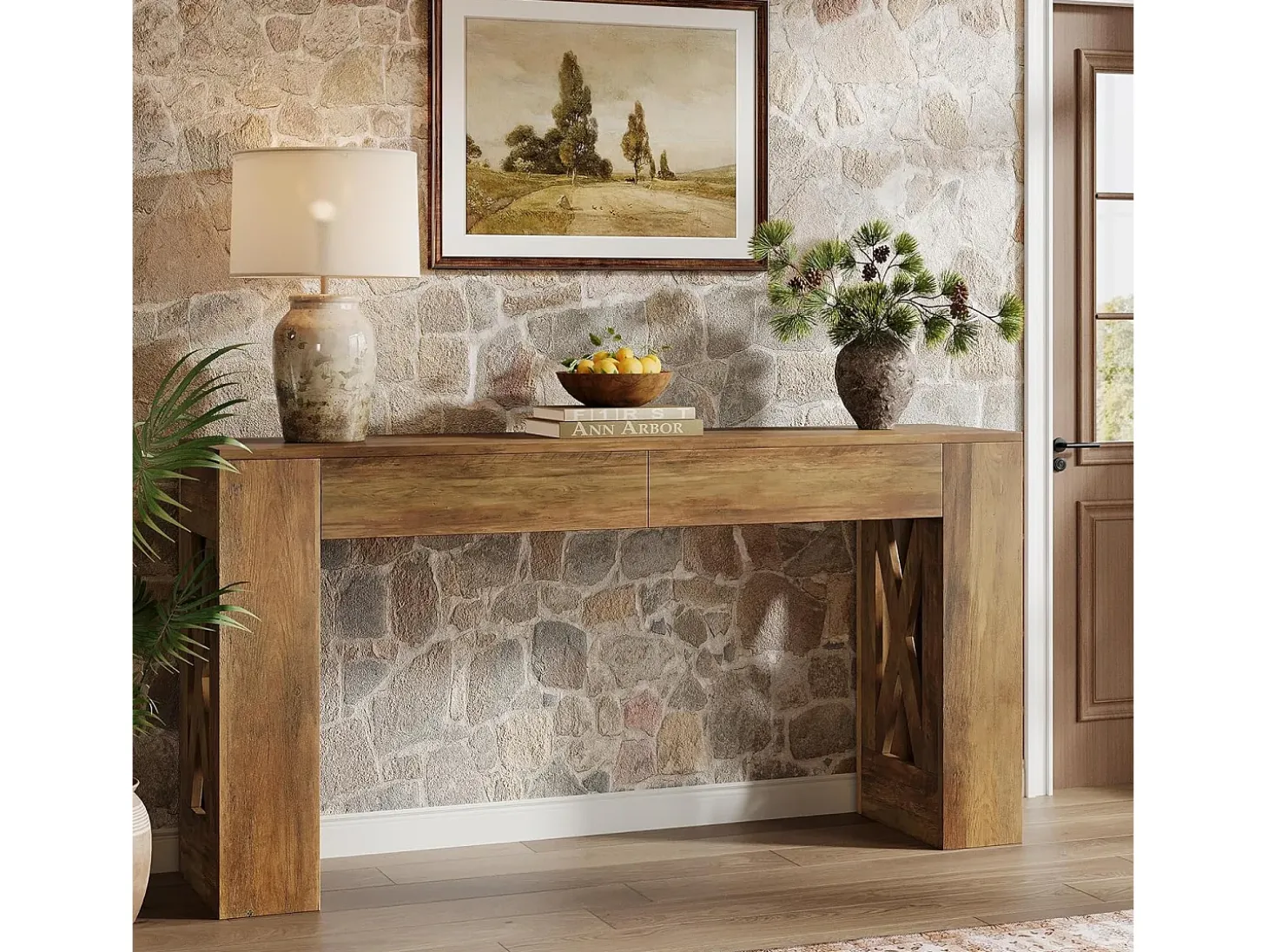 Mesa consola de 160 cm de largo, mesa de entrada estilo granja con 2 cajones y patas en forma de X