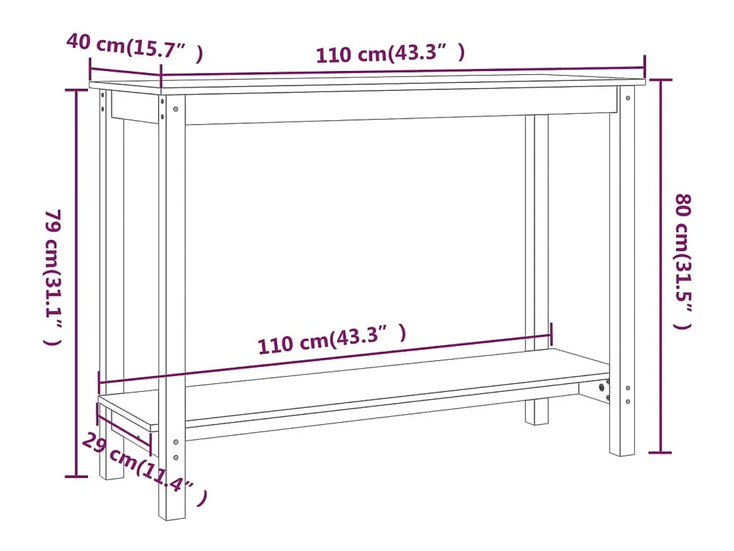 Mesa consola de madera maciza de pino blanco 110x40x80 cm