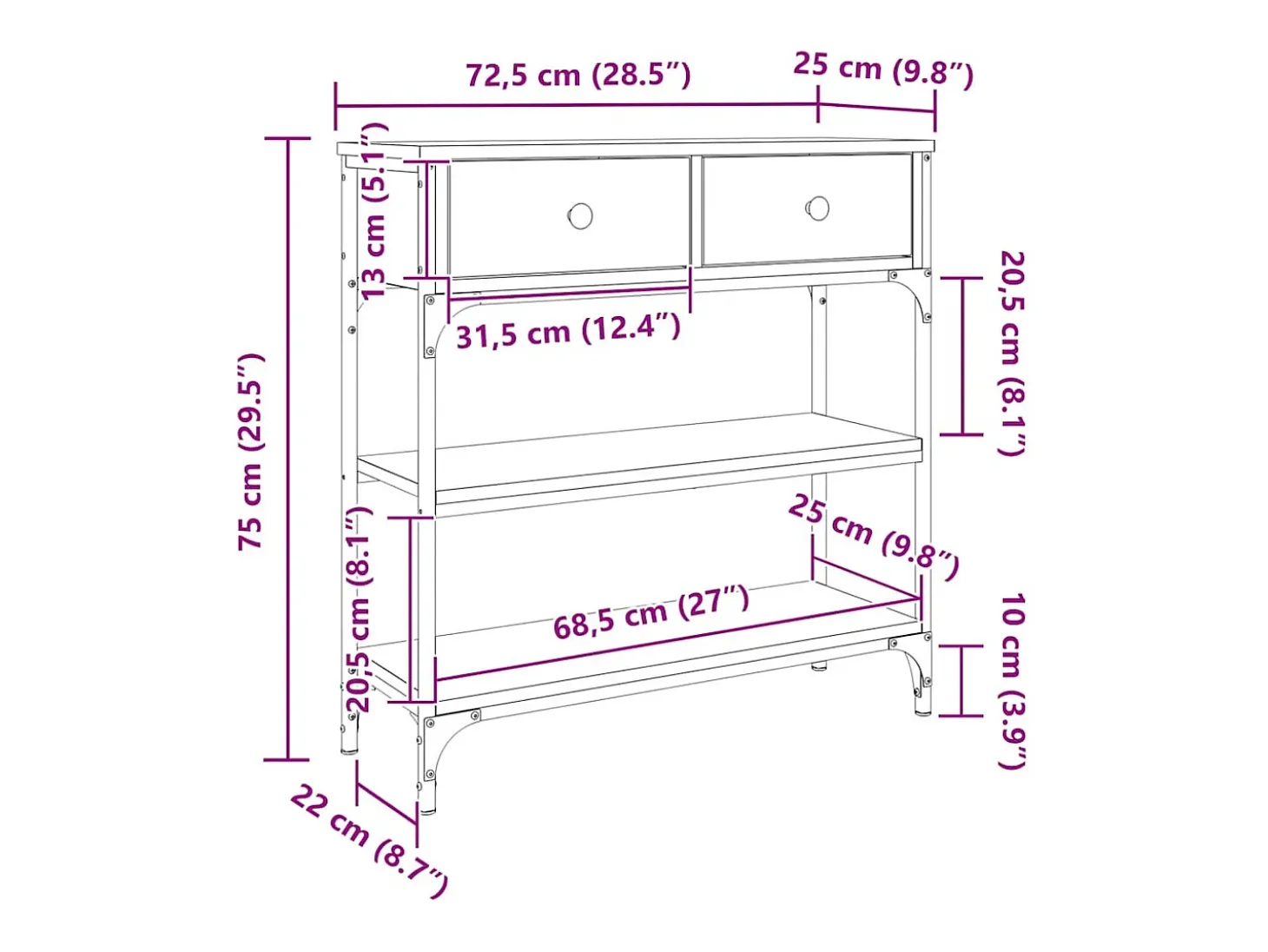 Mesa consola madera de ingeniería gris Sonoma 72,5x25x75 cm