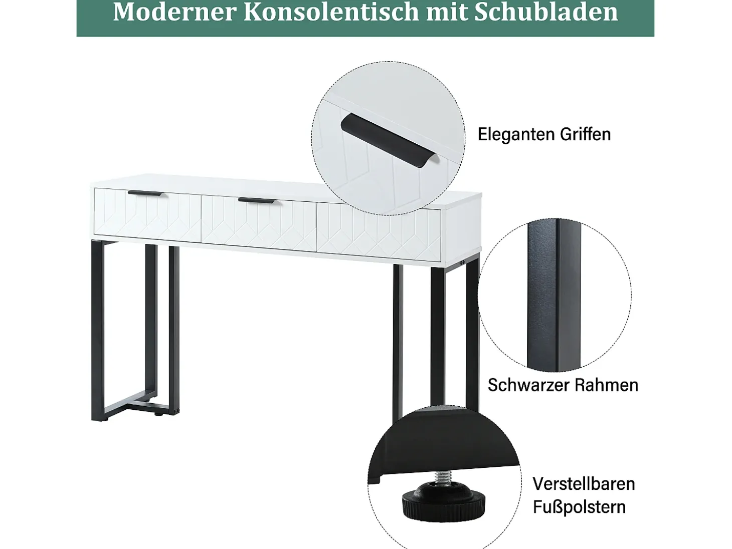 Mesa consola moderna con 3 cajones - 120 x 36 x 80 cm - MDF - para salón, pasillo - blanco + negro