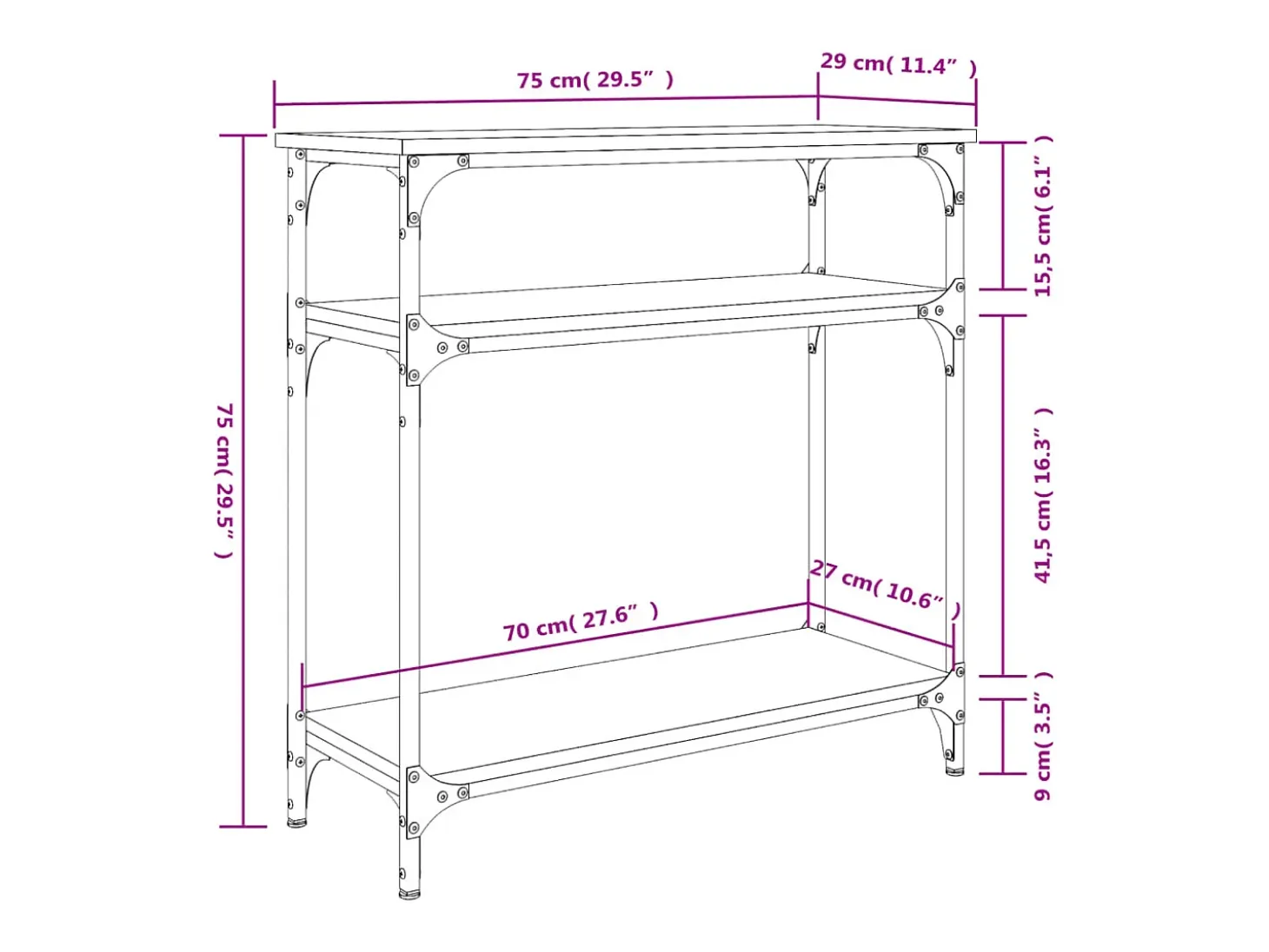 Mesa consola negra 75x29x75 cm madera de ingeniería