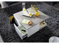 mesa de diseño 70x70 cm cemento gris / blanco | Mesa de salón con 2 cajones | Mesa de centro con ruedas | Mesa con 2 compartimentos.