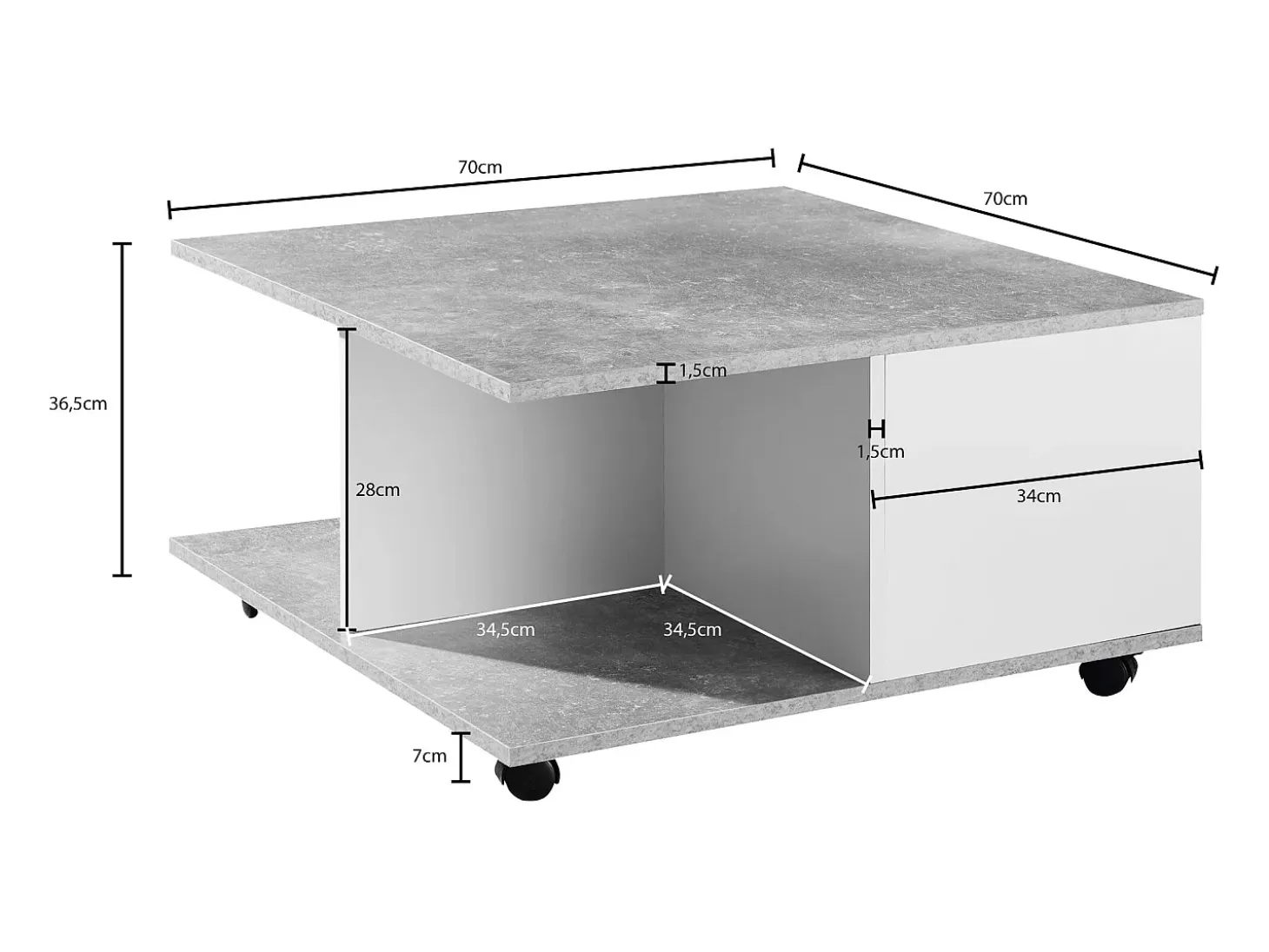 mesa de diseño 70x70 cm cemento gris / blanco | Mesa de salón con 2 cajones | Mesa de centro con ruedas | Mesa con 2 compartimentos.