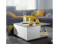 mesa de diseño 70x70 cm cemento gris / blanco | Mesa de salón con 2 cajones | Mesa de centro con ruedas | Mesa con 2 compartimentos.