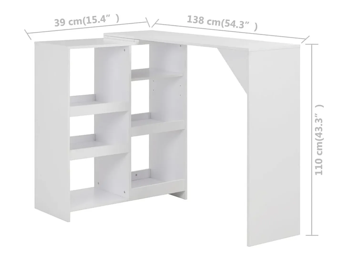 Mesa de bar con estantería móvil blanca 138x39x110 cm