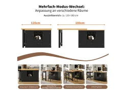 Mesa de bar extensible - 120/180 x 76 cm - con LED + 2 puertas + 2 cajones - Rotación 360° - MDF - Negro
