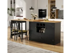 Mesa de bar extensible - 120/180 x 76 cm - con LED + 2 puertas + 2 cajones - Rotación 360° - MDF - Negro