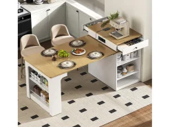 Mesa de bar extensible con tablero extraíble - 80 x 71/111/151 x 92 cm - con puerta + cajón - MDF + cristal - blanco + natural