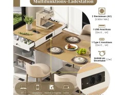 Mesa de bar extensible con tablero extraíble - 80 x 71/111/151 x 92 cm - con puerta + cajón - MDF + cristal - blanco + natural