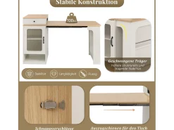 Mesa de bar extensible con tablero extraíble - 80 x 71/111/151 x 92 cm - con puerta + cajón - MDF + cristal - blanco + natural