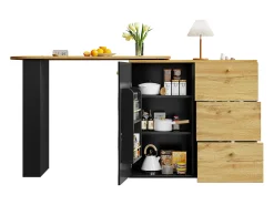 Mesa de bar extensible con espacio de almacenamiento, giratoria 360°, MDF, negra (138-204x39x104 cm)