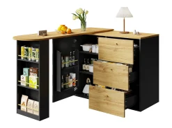 Mesa de bar extensible con espacio de almacenamiento, giratoria 360°, MDF, negra (138-204x39x104 cm)