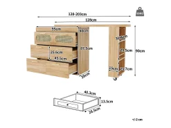 Mesa de bar giratoria 360° - 128/203 x 39 x 90 cm - con estantes + 6 cajones y puertas de ratán - MDF + metal - Natural