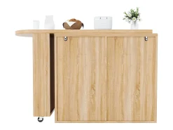 Mesa de bar giratoria 360° - 128/203 x 39 x 90 cm - con estantes + 6 cajones y puertas de ratán - MDF + metal - Natural