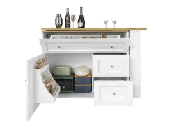 Mesa de bar giratoria con 1 puerta y 2 cajones, espacio de almacenamiento tipo buffet con tablero extensible (138-204)×39×105 cm - blanco