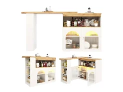 Mesa de bar giratoria de madera con espacio de almacenamiento - Luz LED ajustable - Blanco - 138/193 x 39 x 105 cm