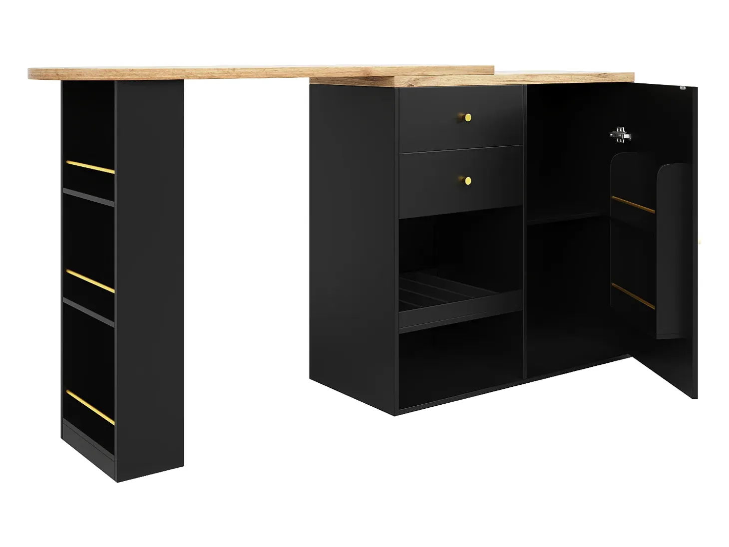 Mesa de bar giratoria de madera con 1 puerta y 2 cajones, isla de cocina con almacenaje, 138 x 39 x 102 cm, color negro