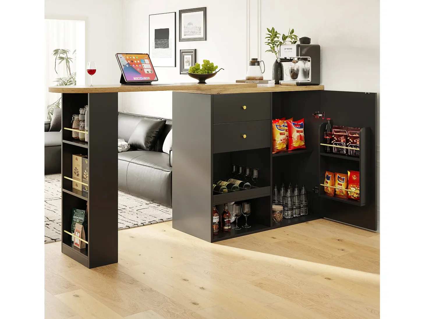 Mesa de bar giratoria de madera con 1 puerta y 2 cajones, isla de cocina con almacenaje, 138 x 39 x 102 cm, color negro