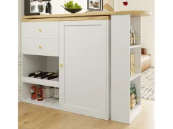 Mesa de bar giratoria de madera con 1 puerta y 2 cajones Isla de cocina con almacenaje 138x39x102 cm - blanco