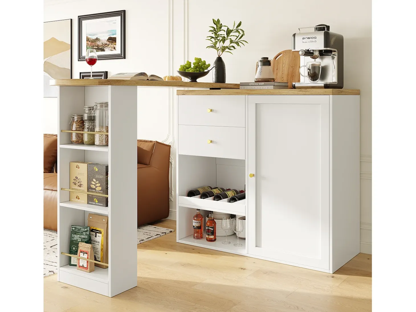 Mesa de bar giratoria de madera con 1 puerta y 2 cajones Isla de cocina con almacenaje 138x39x102 cm - blanco