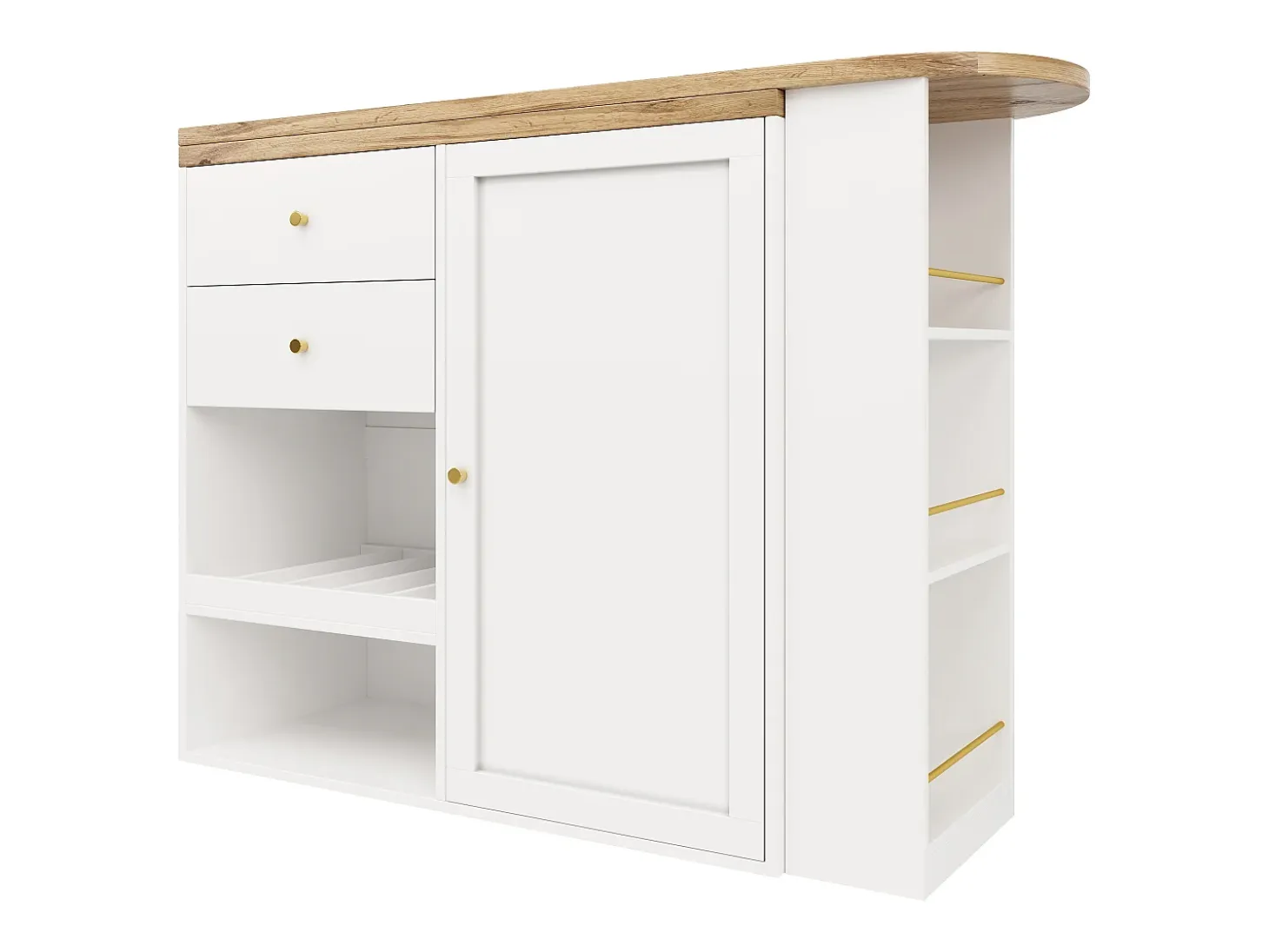 Mesa de bar giratoria de madera con 1 puerta y 2 cajones Isla de cocina con almacenaje 138x39x102 cm - blanco